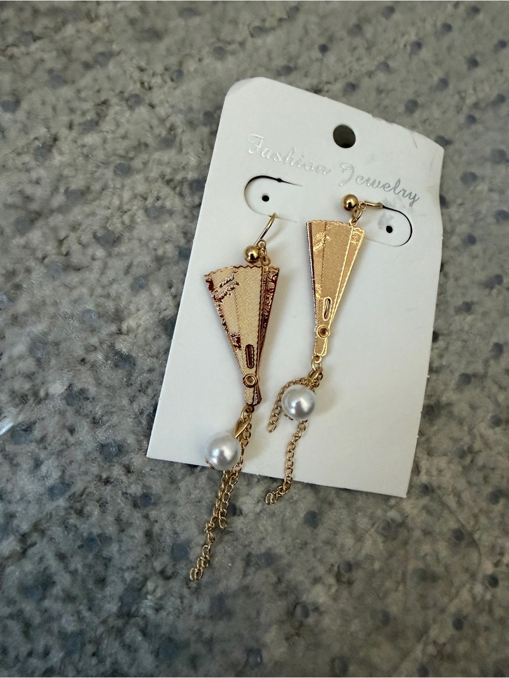 Gold Fan Drop Earrings with Pearl Accent - Fashion Jewelry brand new